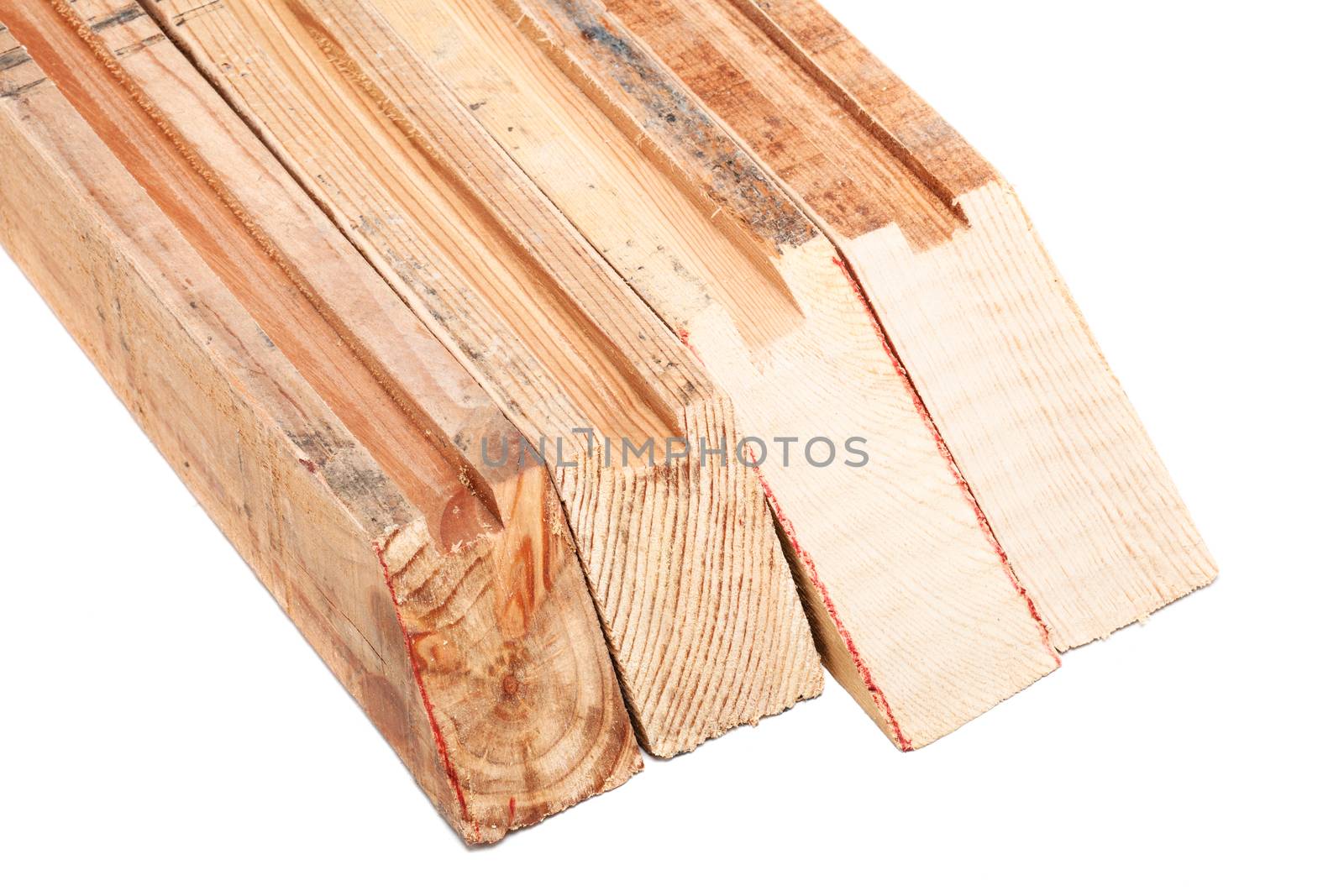 four wooden beams isolated on white background