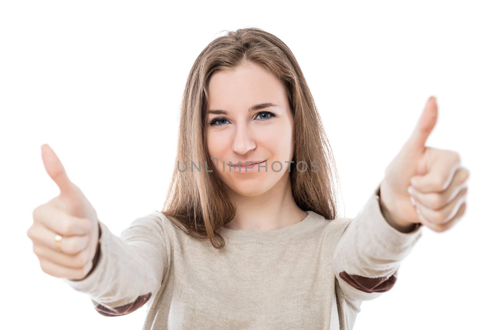 happy satisfied girl showing hand gesture okay isolated