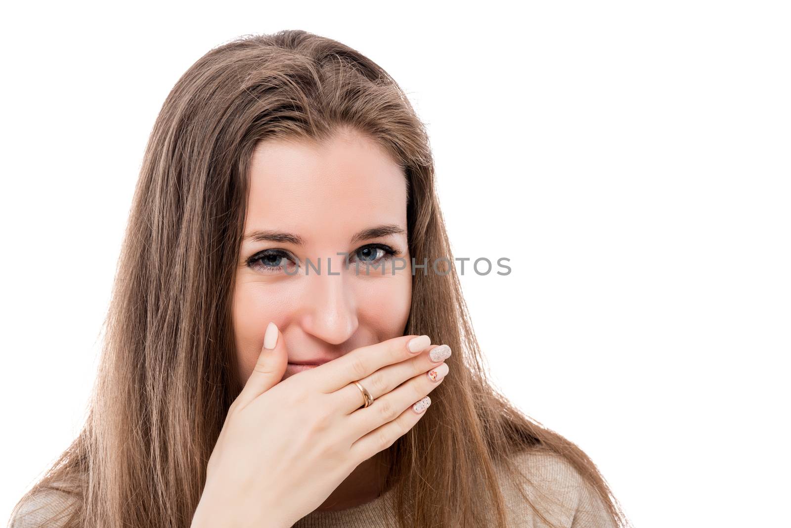 portrait of a young girl with a bad smell from her mouth on a white background isolated