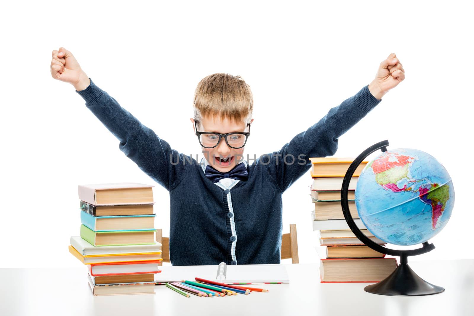 angry boy at table with books and globe against white background by kosmsos111