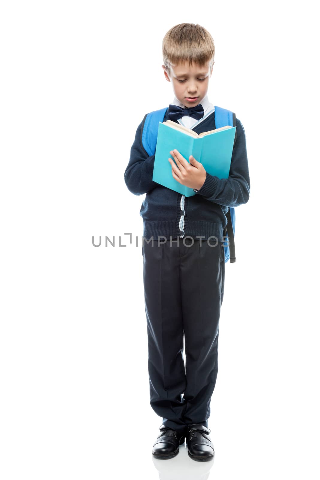 schoolboy with textbook and backpack on a white background in fu by kosmsos111