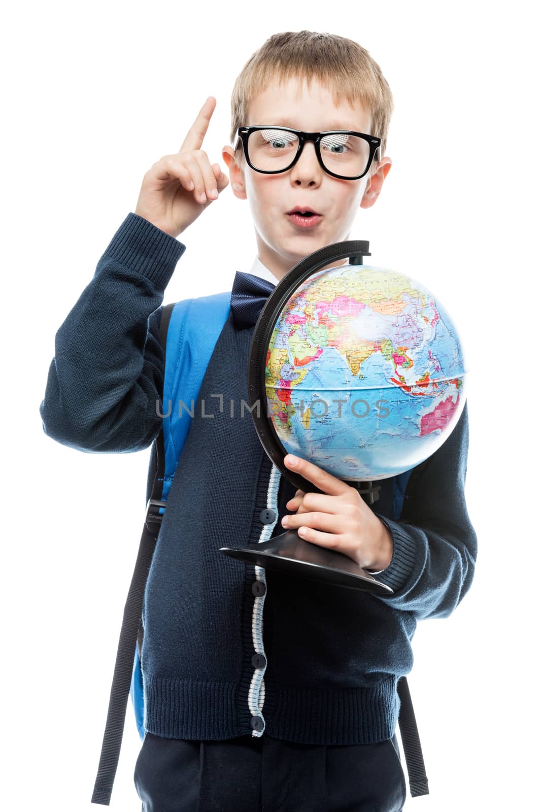 emotional schoolboy with globe has a good idea, portrait is isolated on white background