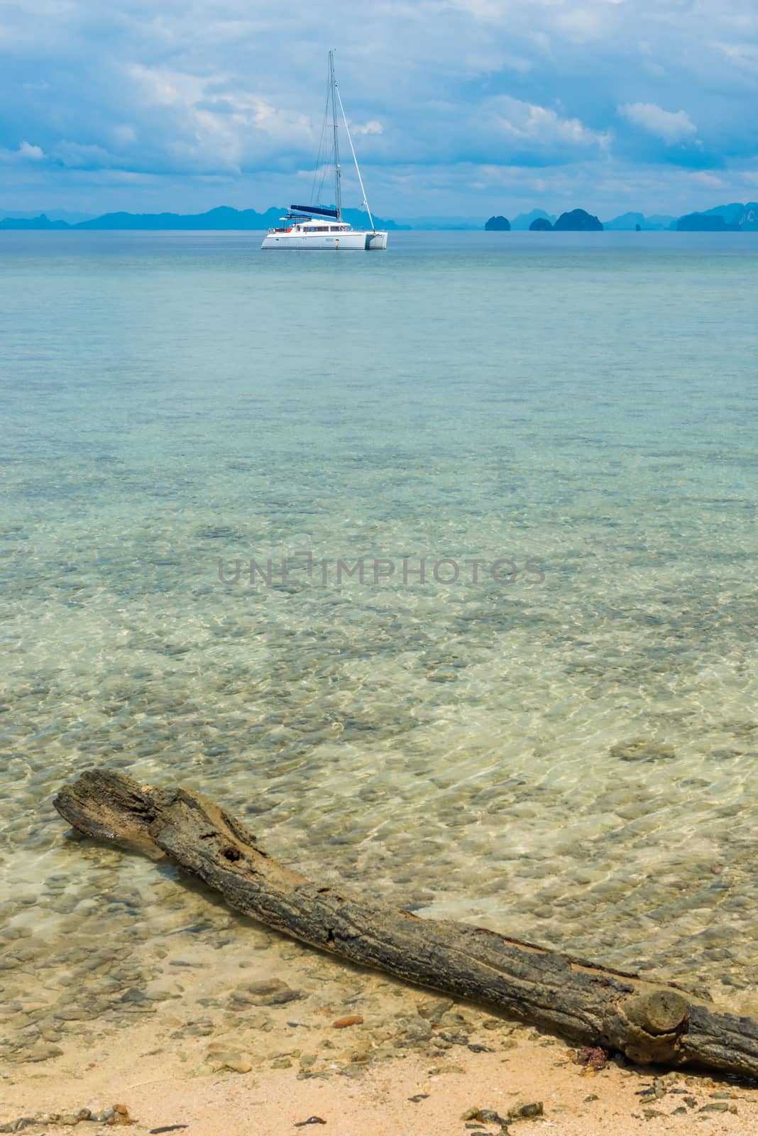 focus on a log in the sea vertical landscape - sea, yacht and mountains on the horizon