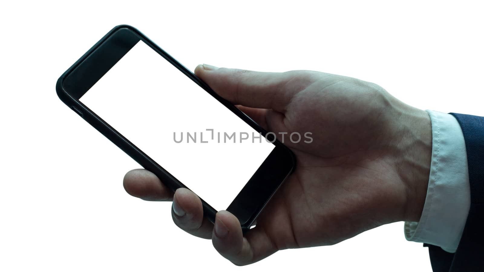 Man holding black smartphone with blank screen by TravelTime