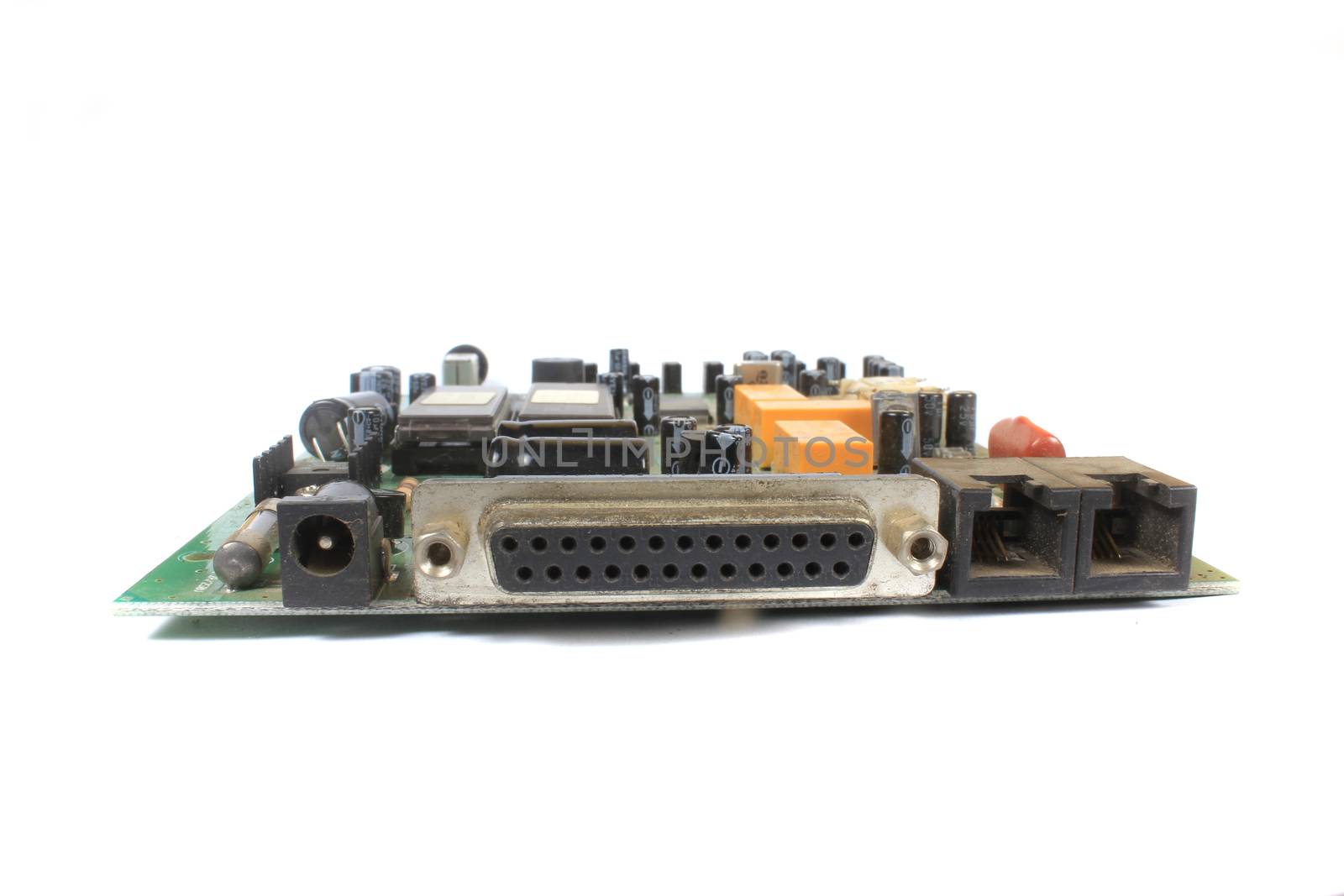 The connections ports like serial, lan, phone and power supply in an old modem