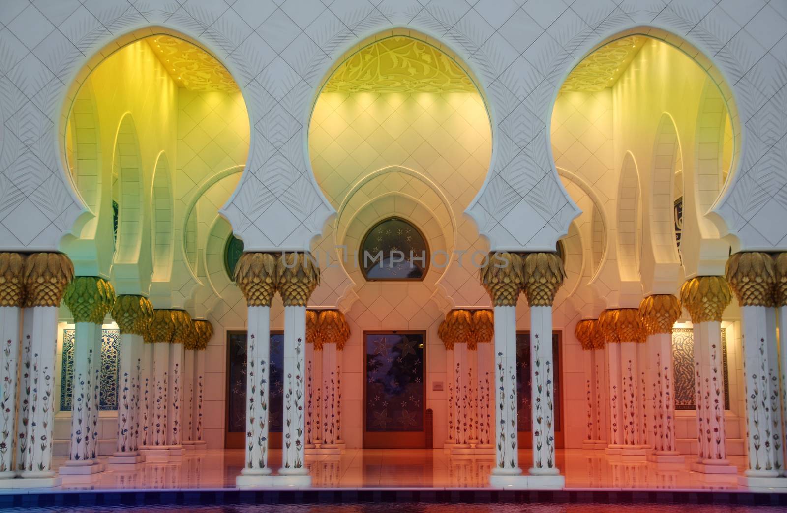 The colorful corridors inside the Shaikh Zayed Mosque also known as The Grand Mosque, in Abudhabi.