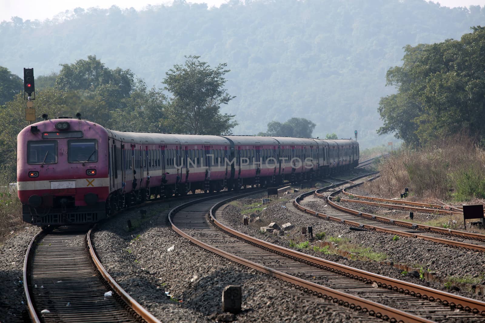 A small Indian train entering the wild forest area after departing from a station.