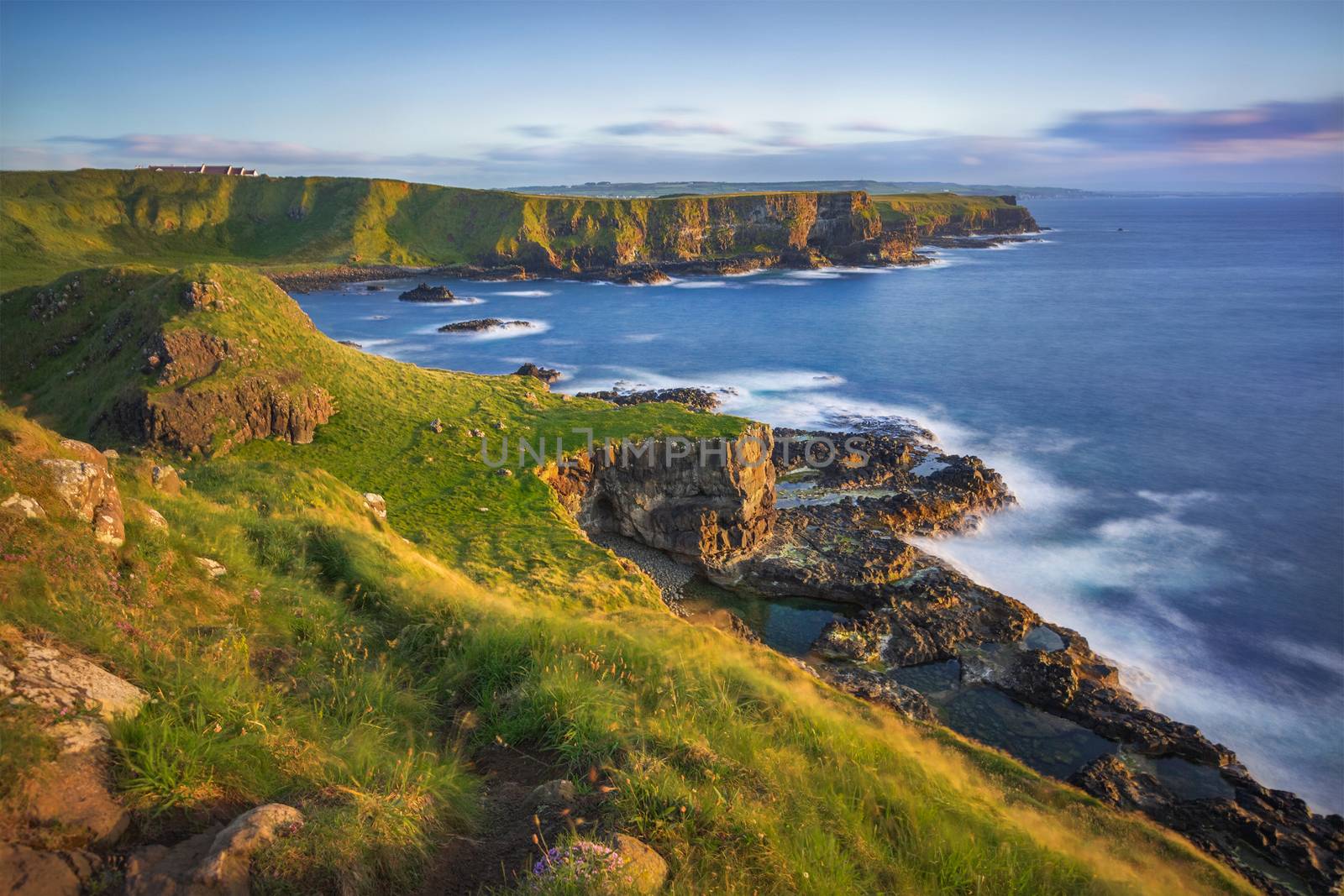 view on Portnaboe bay and North Antrim Cliff from Great Stookan along the Giant's Causeway, County Antrim, Northern Ireland, UK