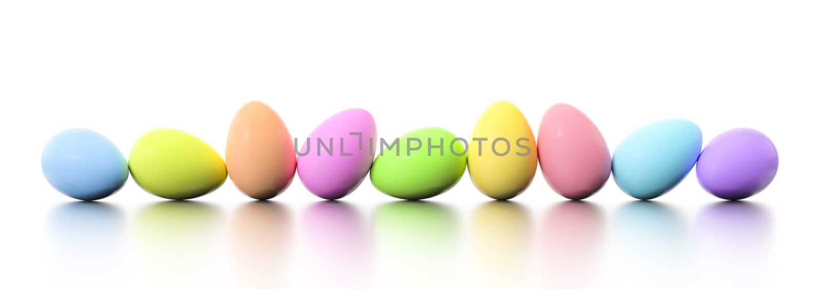 3d illustration of a row of dyed easter eggs