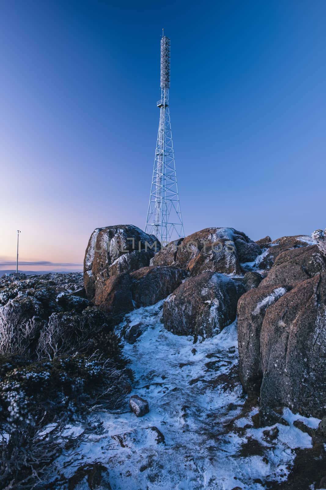 Large mobile communications radio tower on Mount Wellington in Hobart, Tasmania.