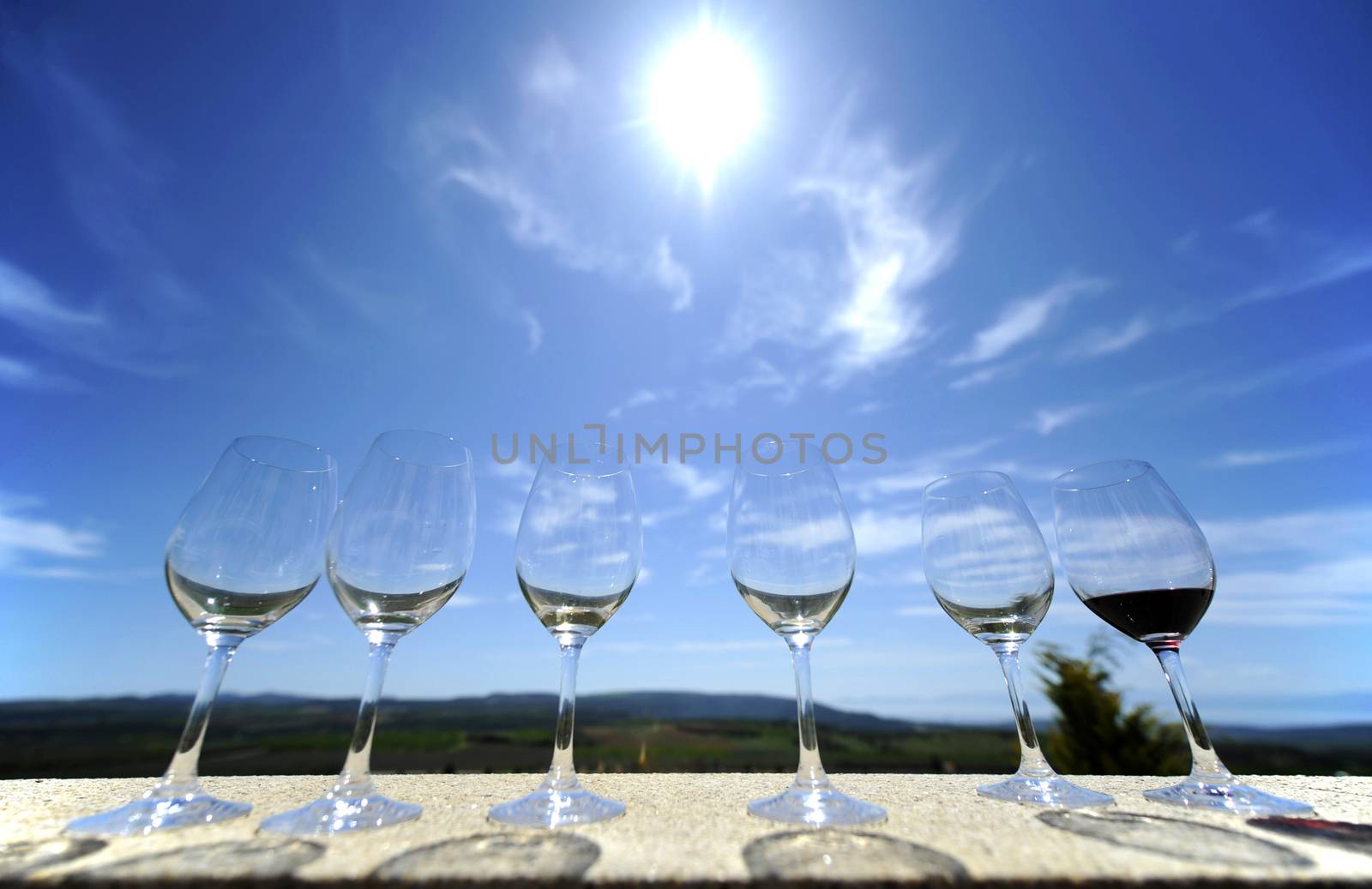 Close up view of glasses of vine