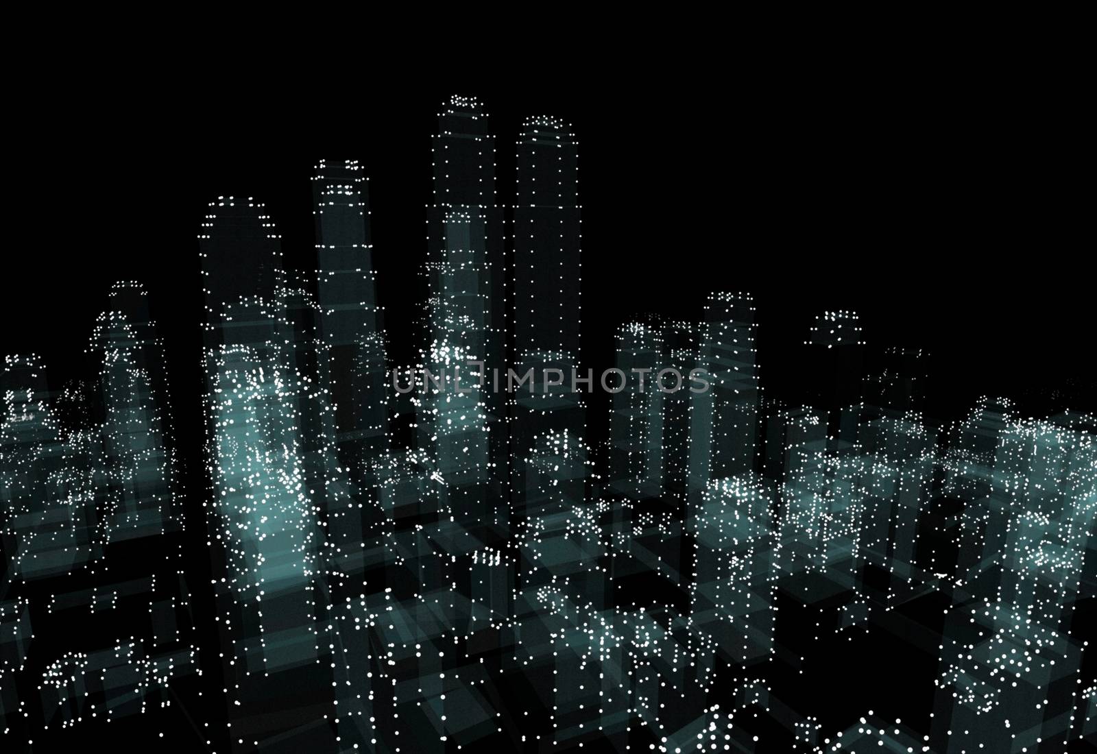 Abstract 3d city rendering with dots and digital elements. Technology concept. 3d illustration