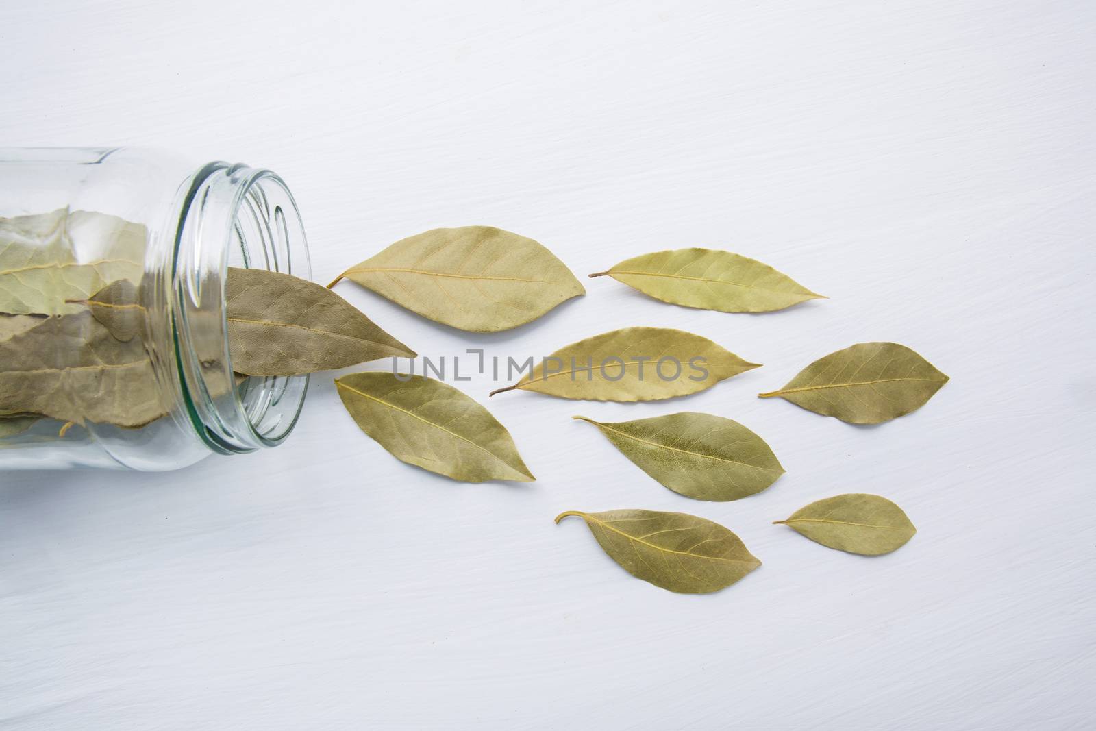 Dried bay leaves in glass jar on white wooden background. by Bowonpat