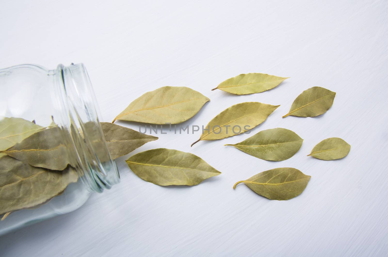 Dried bay leaves in glass jar on white wooden background. by Bowonpat