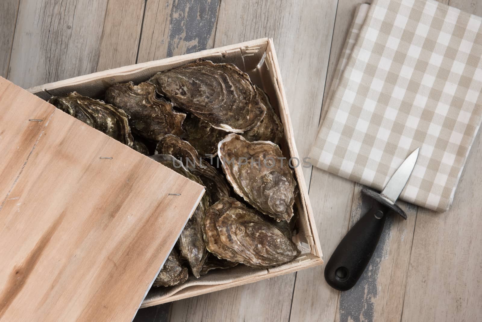Raw oysters with lemon on wood board and bottle of wine and glass, France