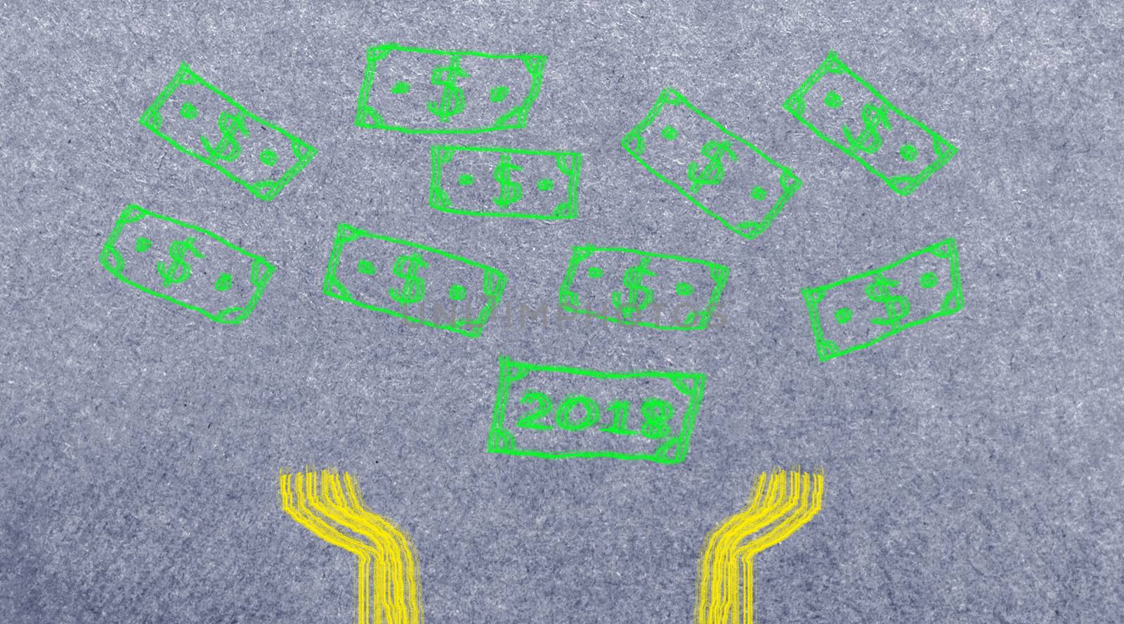 Dollar sign symbol falling down with hands waiting. Idea 2018, Easy brush illustration paint on grey paper textures background.