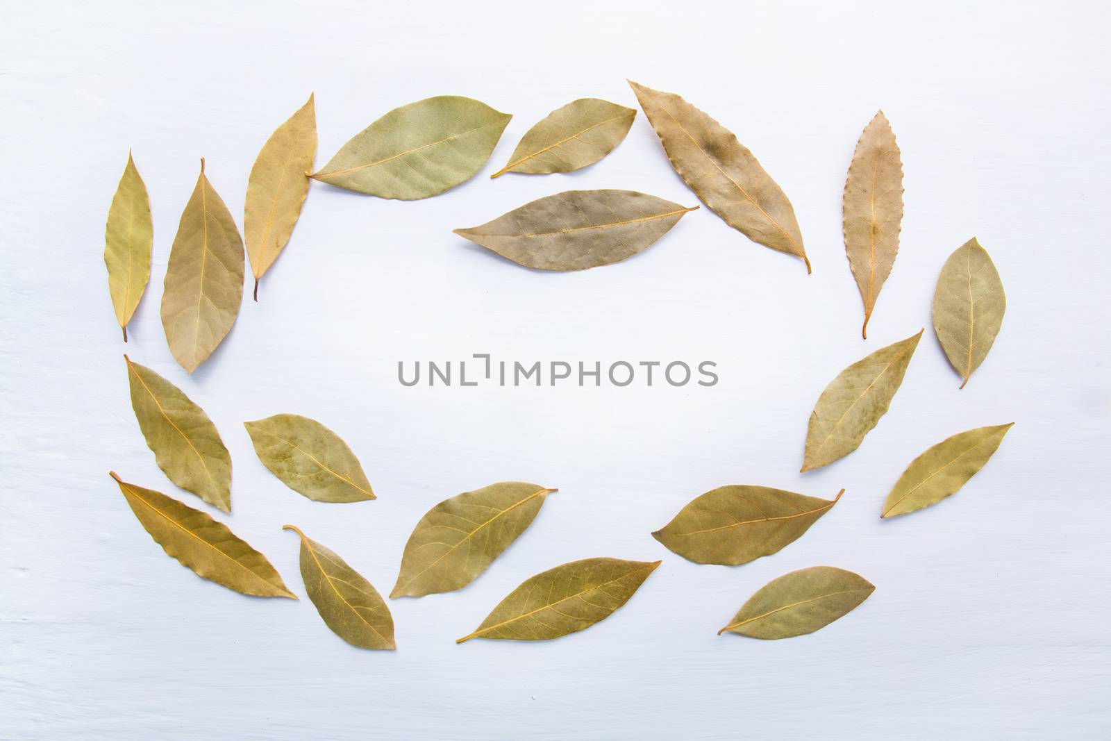 Dried bay leaves on white wooden background.