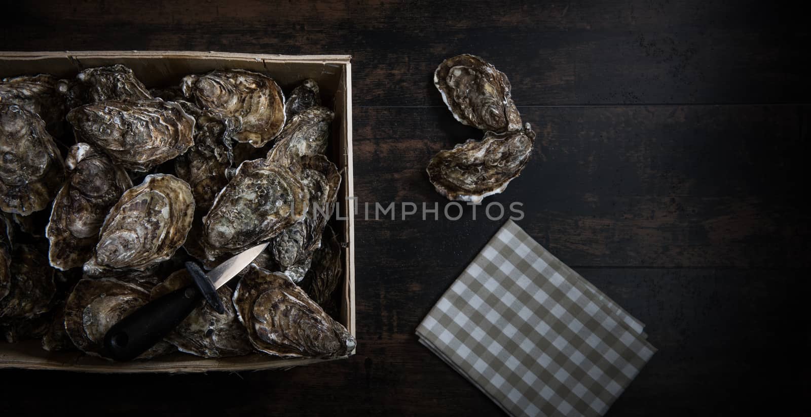 Raw oysters with lemon on wood board and bottle of wine and glass, France