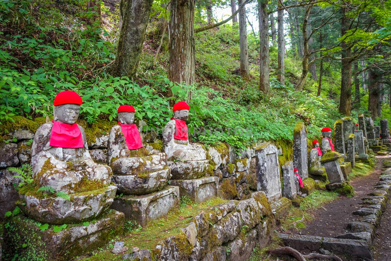 Narabi Jizo statues landmark in Kanmangafuchi abyss, Nikko, Japan