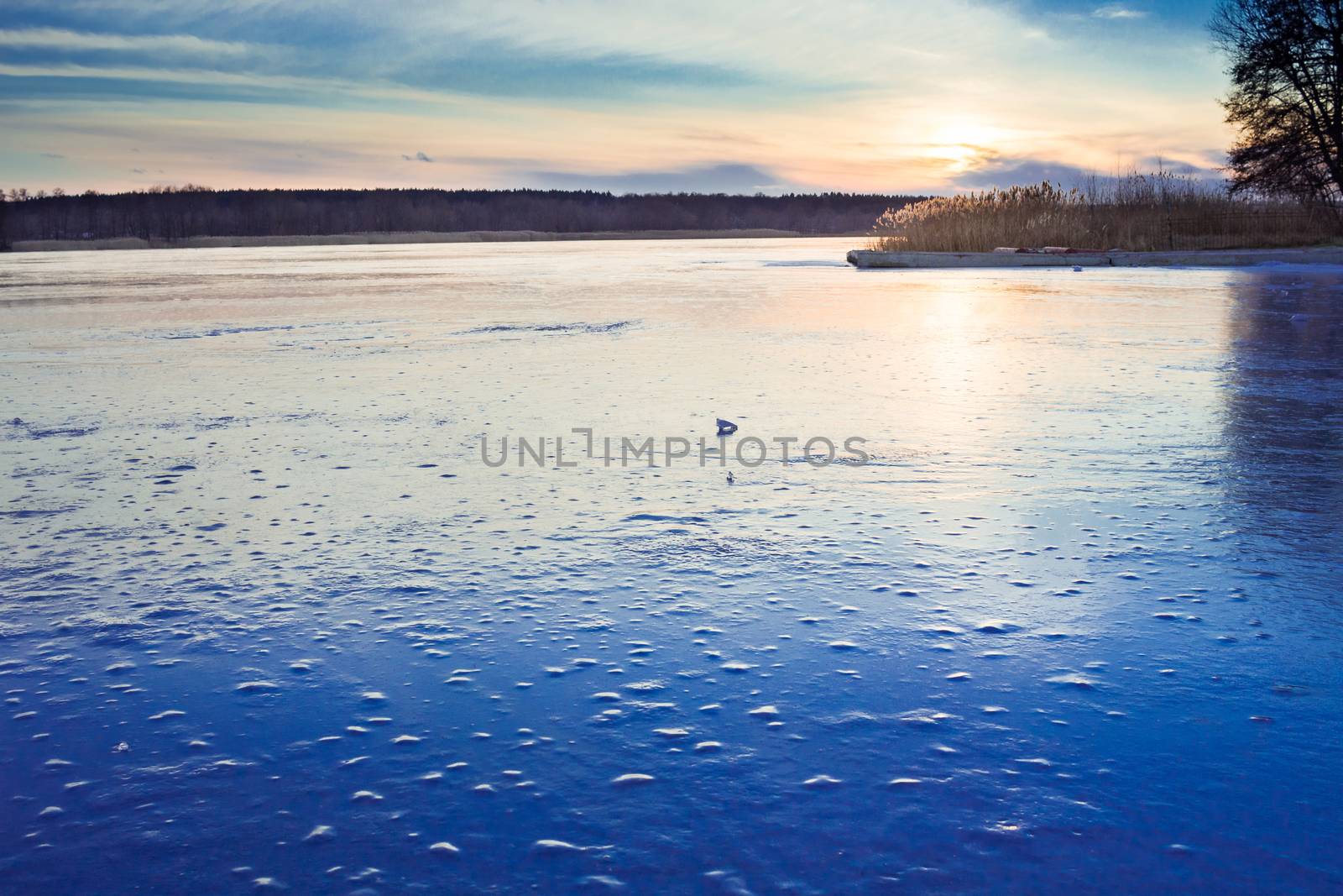 Winter paysage landscape of sunset evening iced frozen lake river