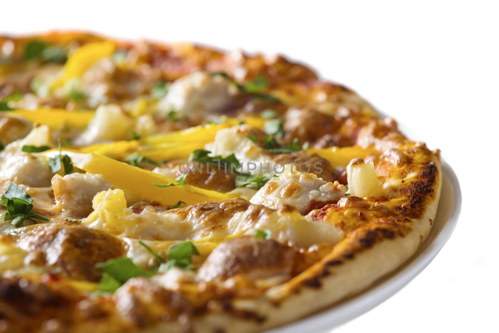 Tasty pizza with yellow pepper and cheese, isolated