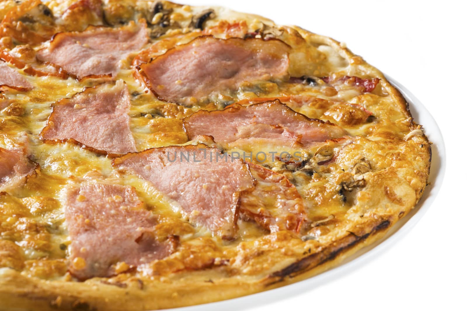 Tasty pizza with ham, mushrooms and tomato by kzen