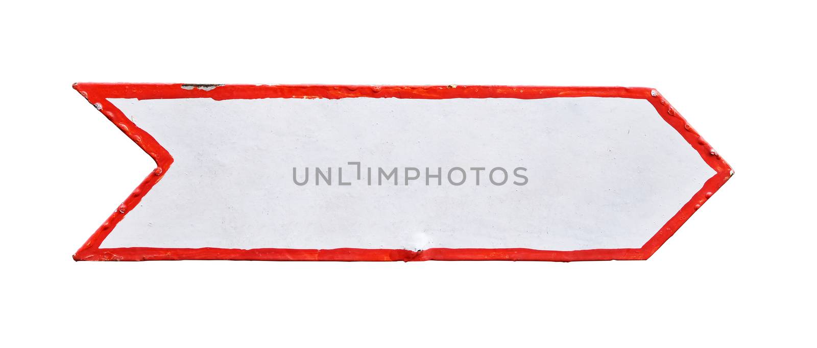 Close up one handmade metal painted empty blank white arrow sign with red border isolated on white background