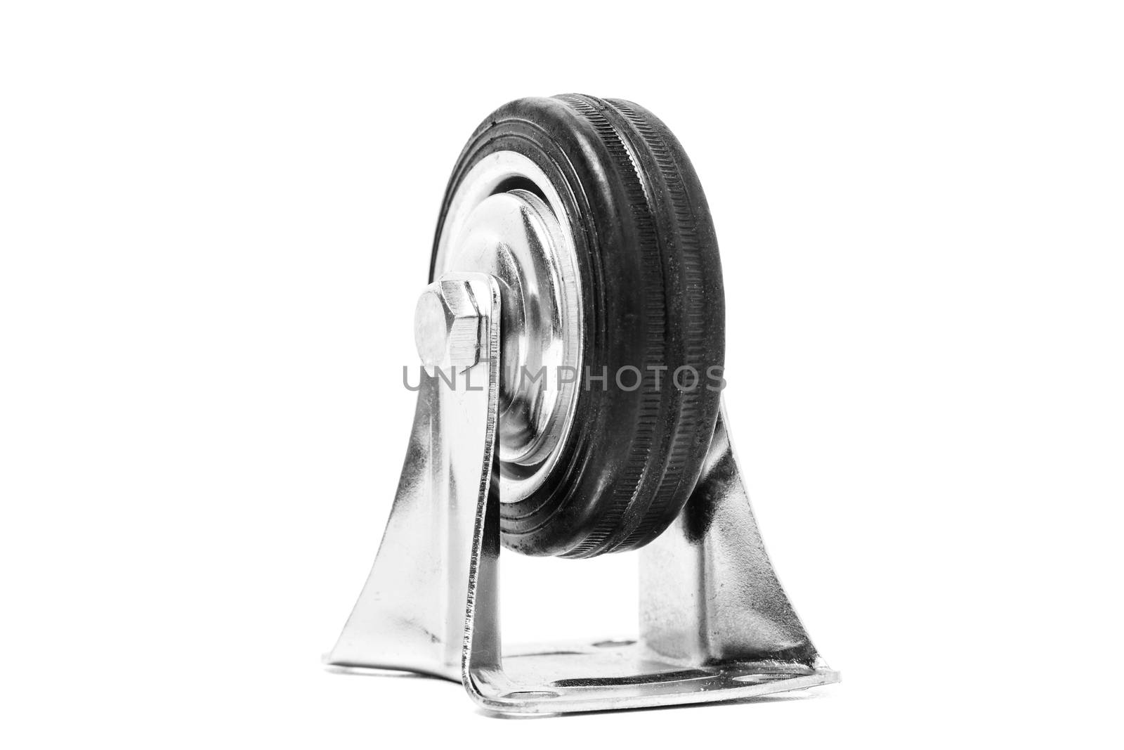 large metal industrial wheel with rubber tire, isolated on white background