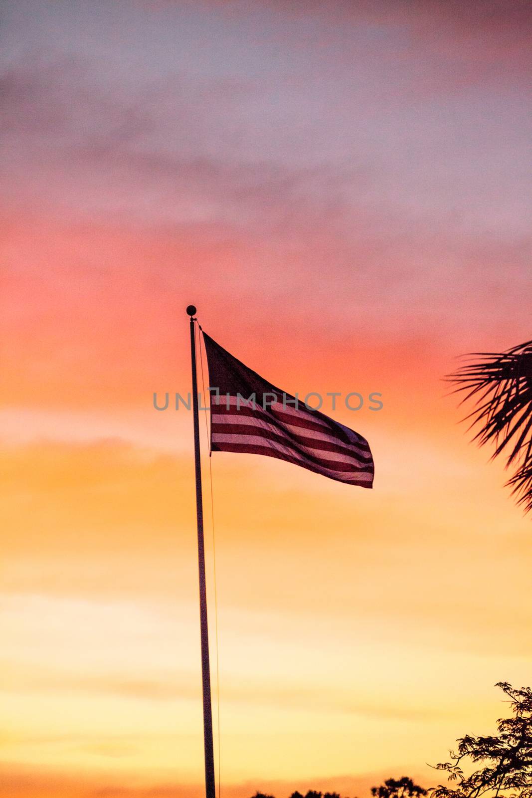 Red, white and blue American flag blows in the wind  at sunrise