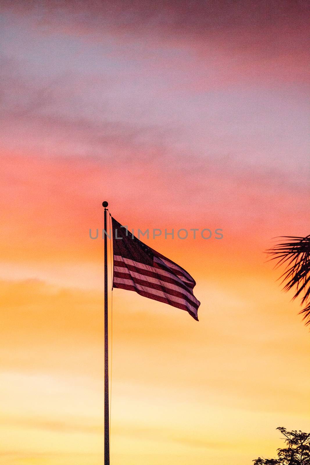 Red, white and blue American flag blows in the wind  at sunrise