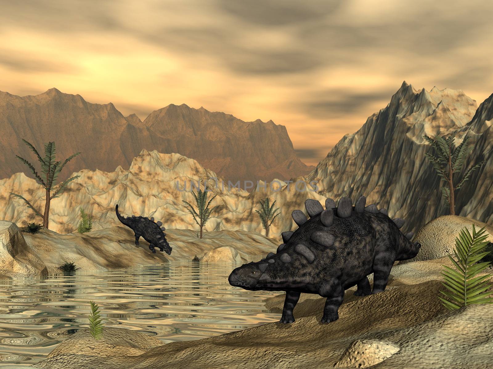 Chrichtonsaurus dinosaur next to a pond in the desert by sunset - 3D render