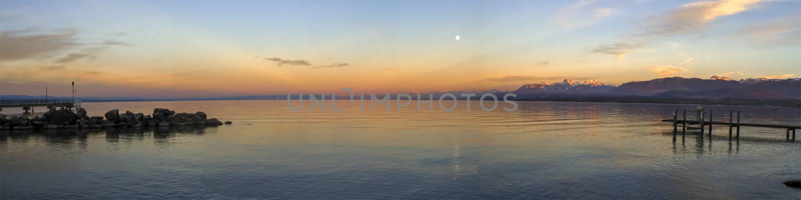 Sunset over Leman or Geneva lake, Excenevex, France by Elenaphotos21