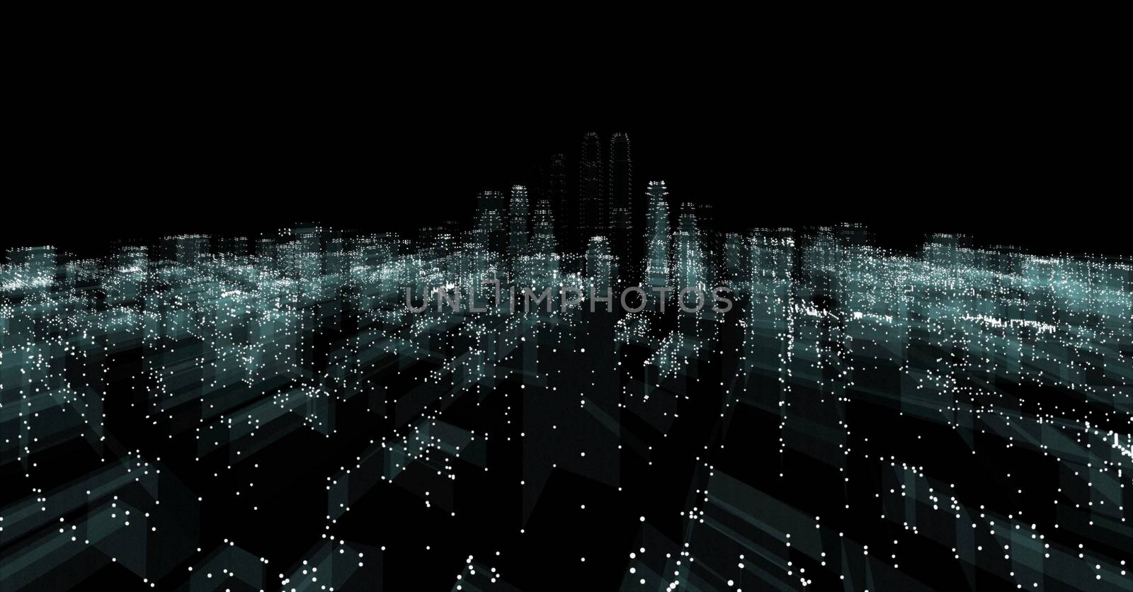 Abstract 3d city rendering with dots and digital elements. Technology concept. 3d illustration