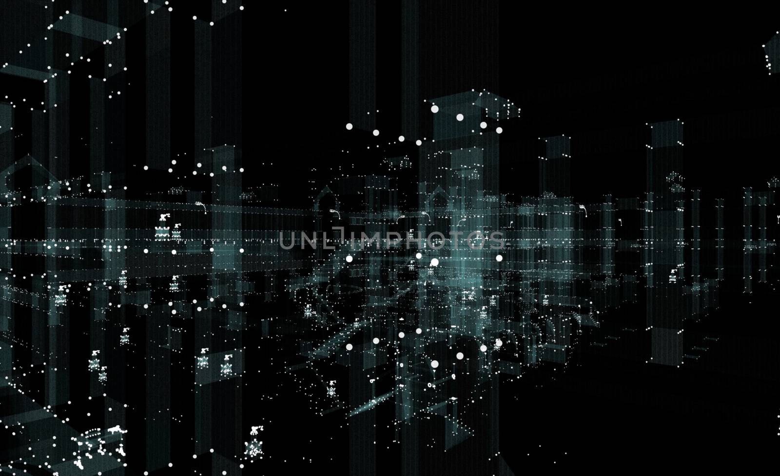 Abstract 3d city rendering with dots and digital elements. Technology concept. 3d illustration