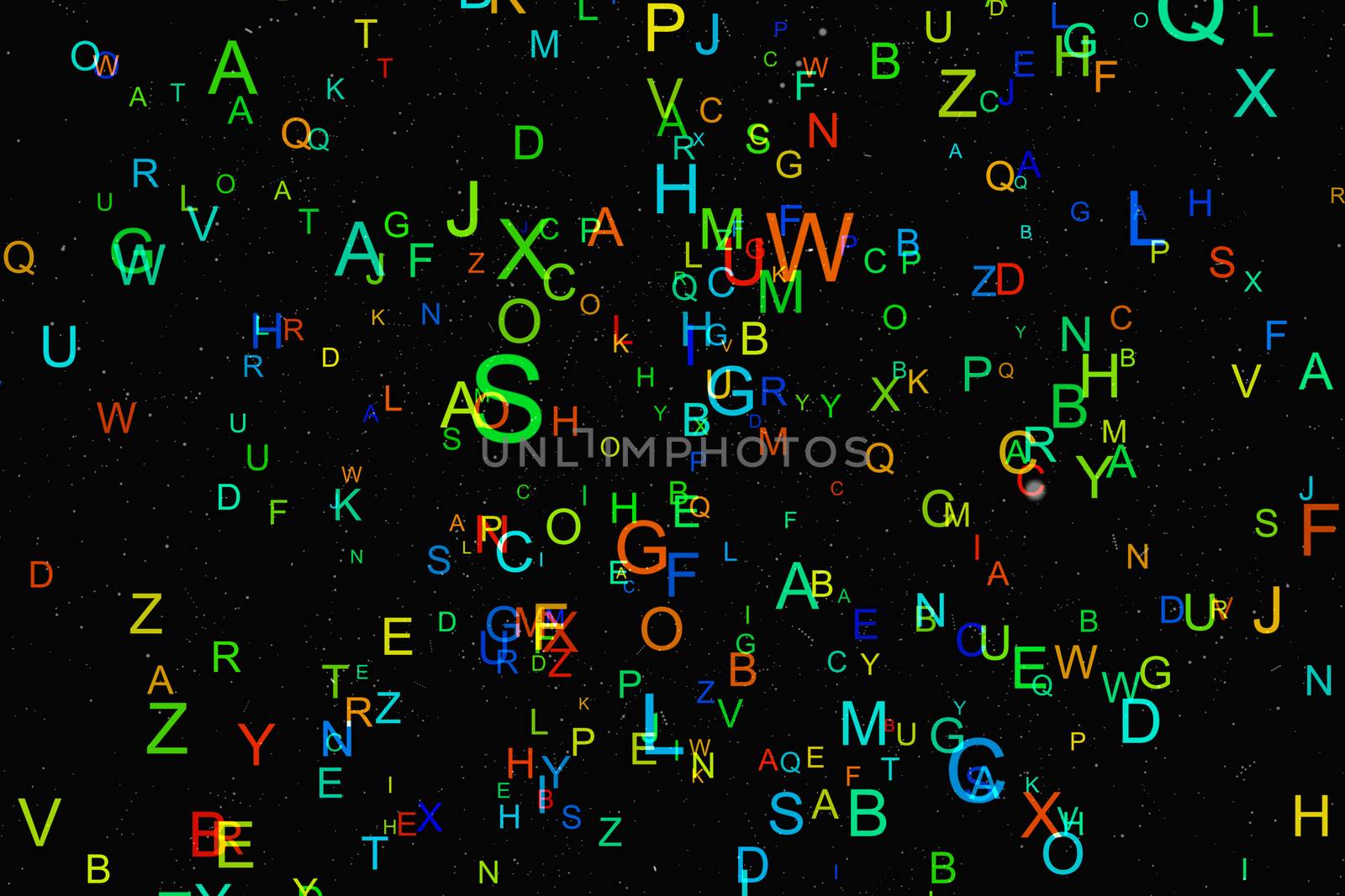Abstract colorful alphabet fly on black background. Education concept
