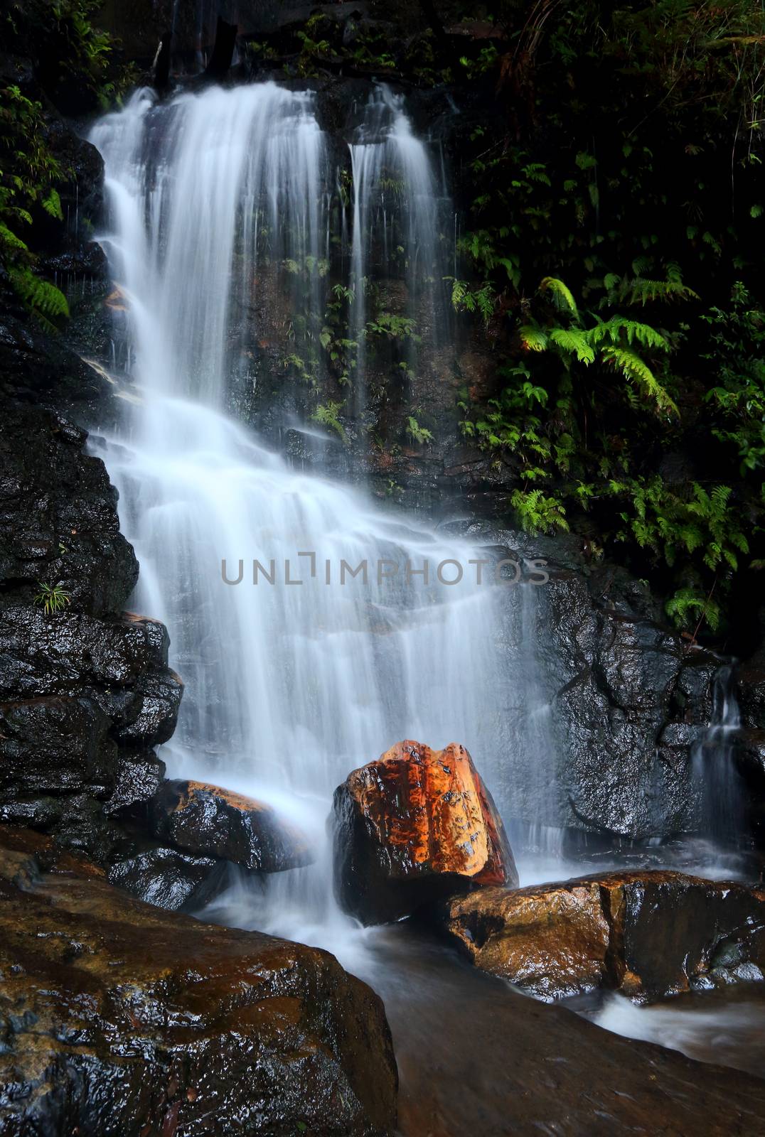 A lovely little waterfall with a spectacular coloured rock at its base.  Tranquility