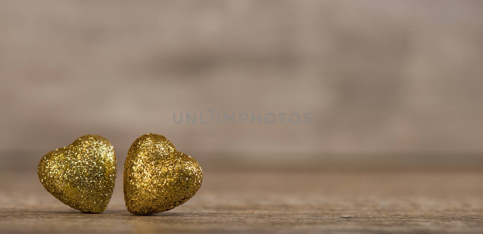 Love hearts on wooden texture background for Valentines Day Background, golden heart