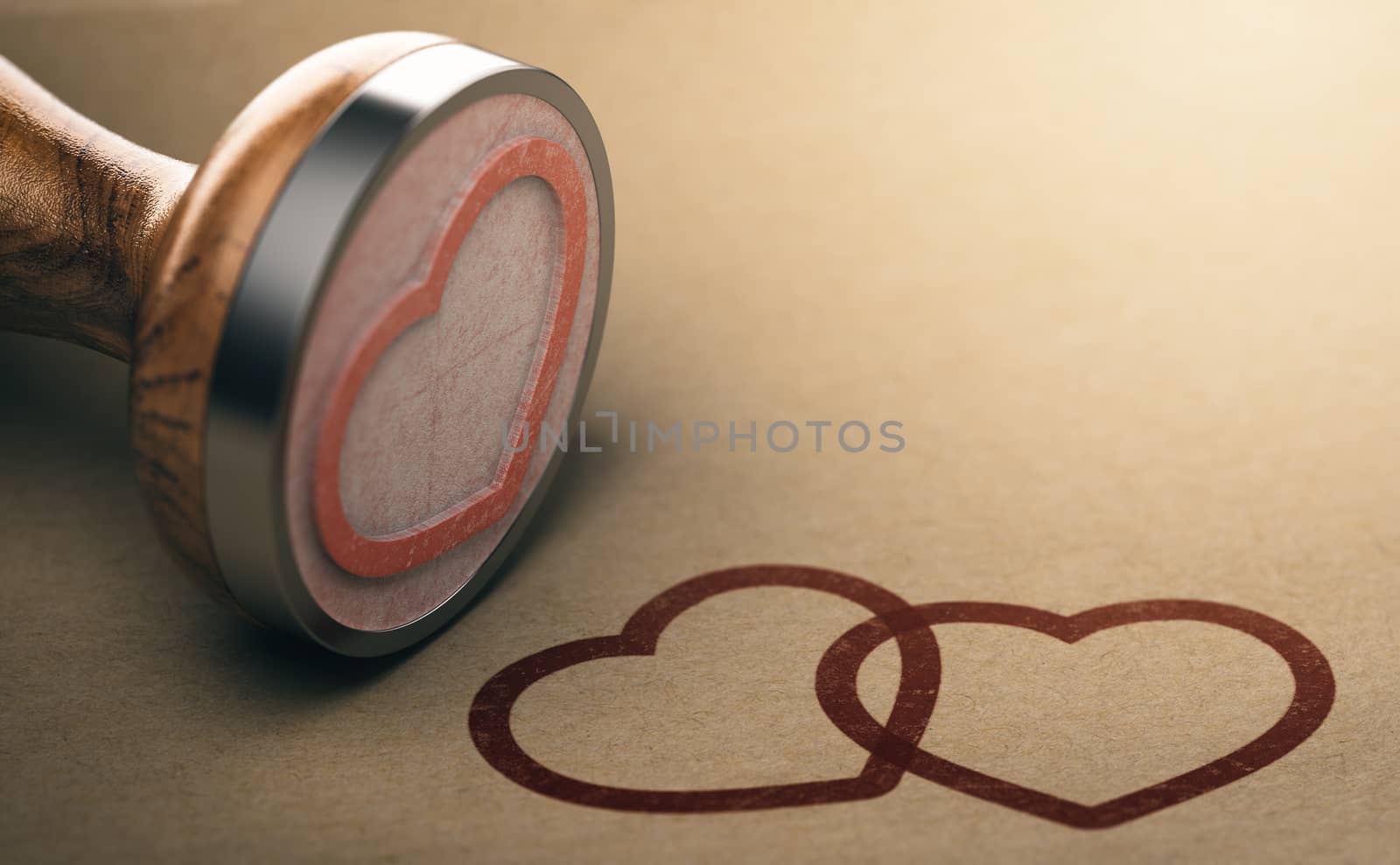 3d illustration of a rubber stamp and two heart shapes over kraft paper background. Concept of love and valentines day