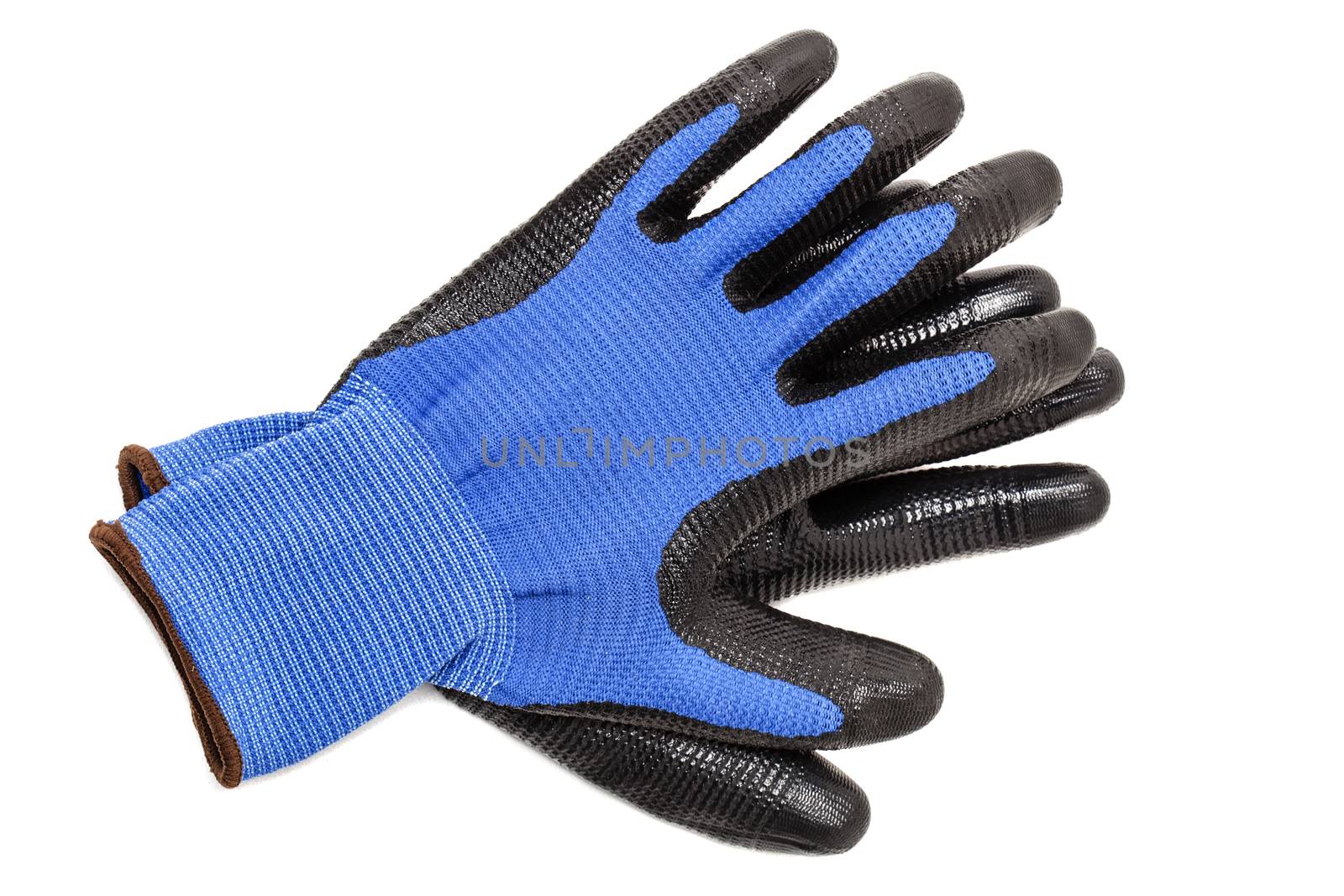 blue protective gloves, with black rubber