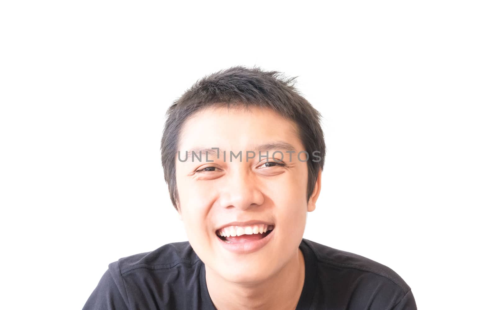 Asian man smiling with happy face on white background for character advertising concept