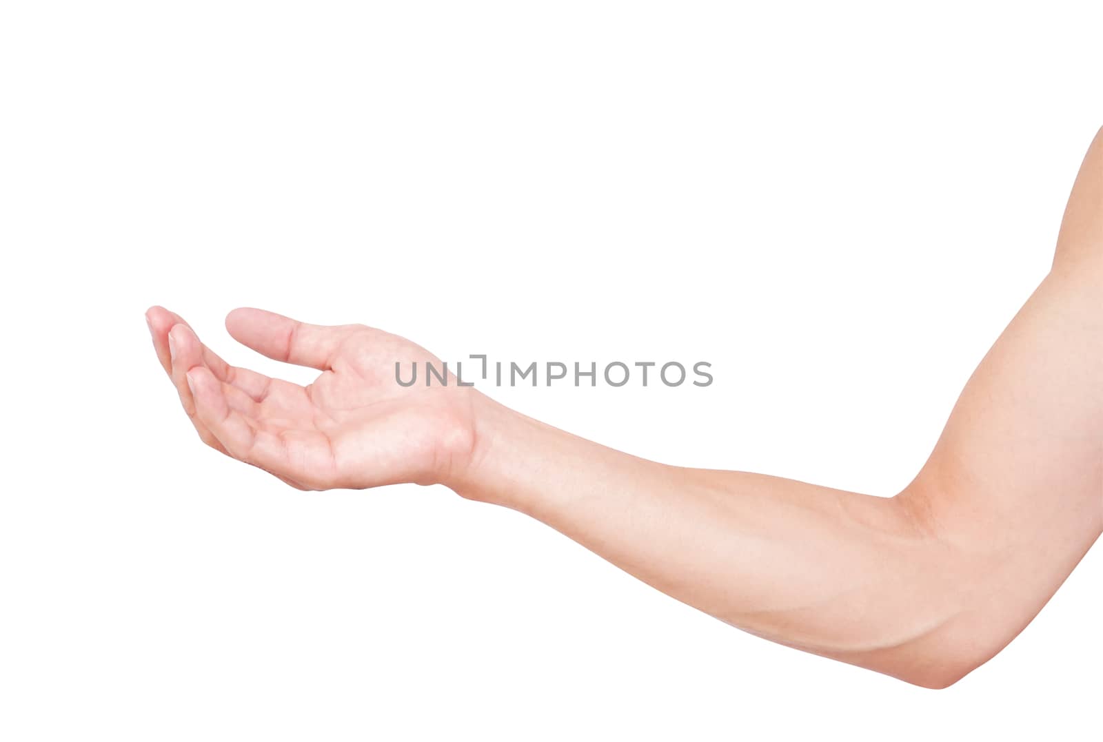 Man hands holding something on white background for product advertising concept, clipping path