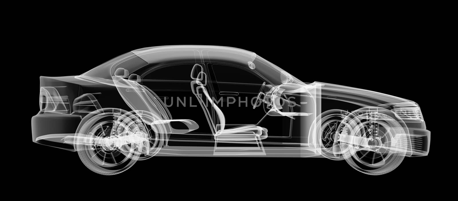 X-ray of car on isolated black background, 3d illustration