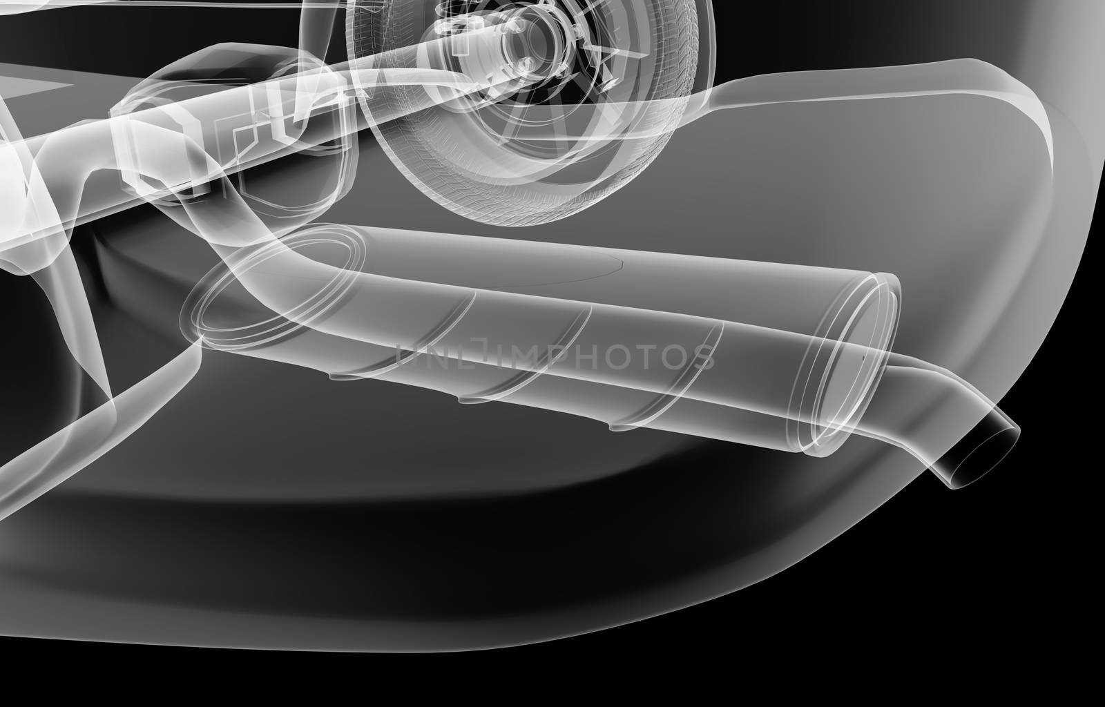 X-ray rear suspension car on black background, 3d illustration