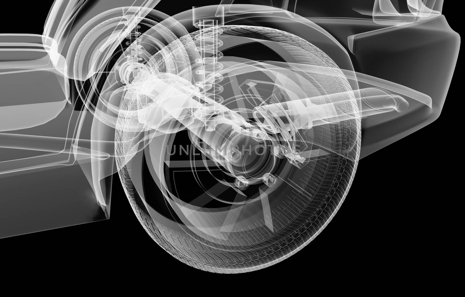 X-ray rear suspension car on black background, 3d illustration