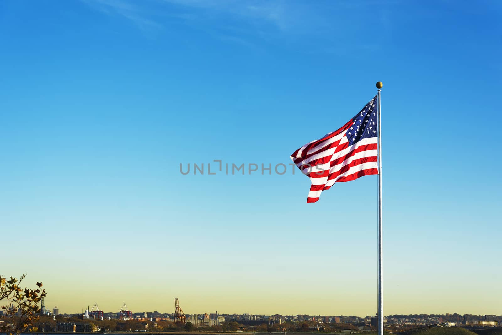 United States of America national Flag waving. Patriotic concept. Outdoor shot