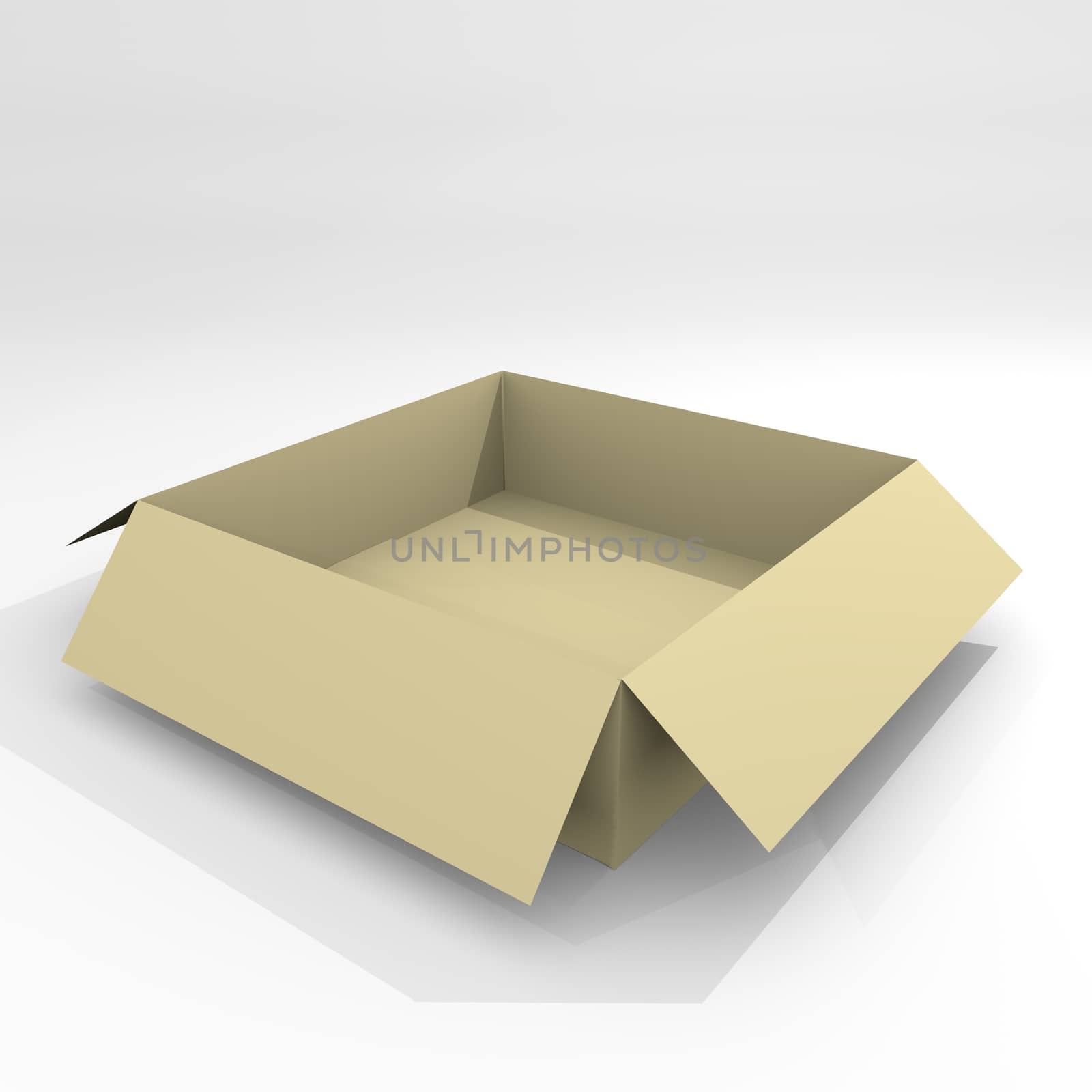 Empty open box isolated on white background. 3D illustration of paper box for transportation. Cardboard package realistic and detailed.