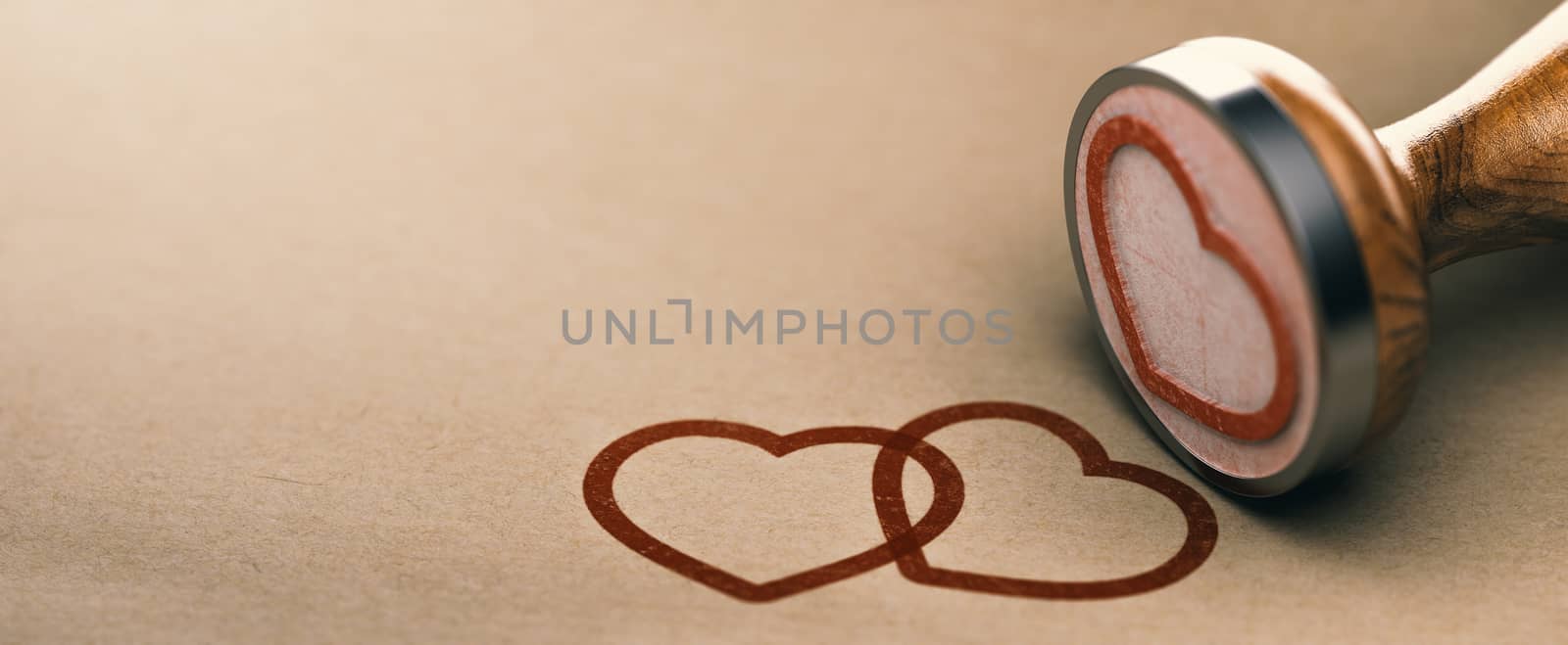 Rubber stamp and two heart shapes over kraft paper background. Concept of love and valentines day. 3d illustration. 