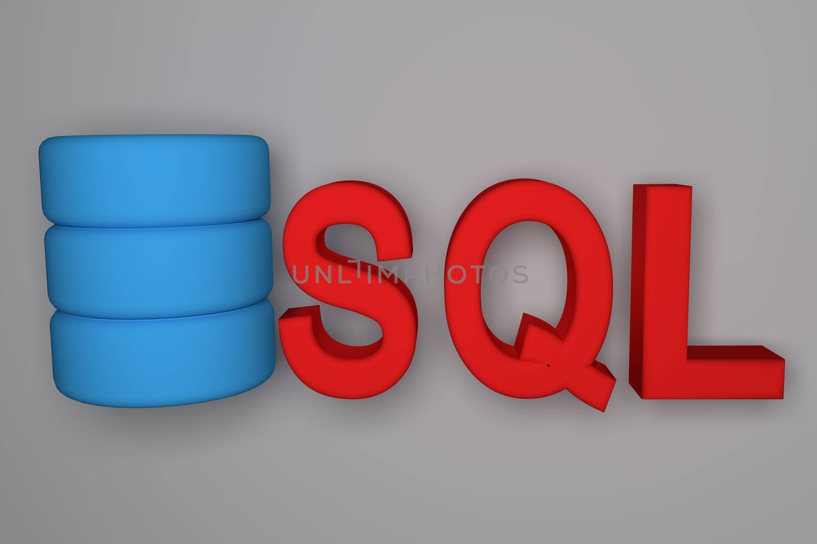 SQL structured query language database search data logo. 3D SQL inscription on a gray background