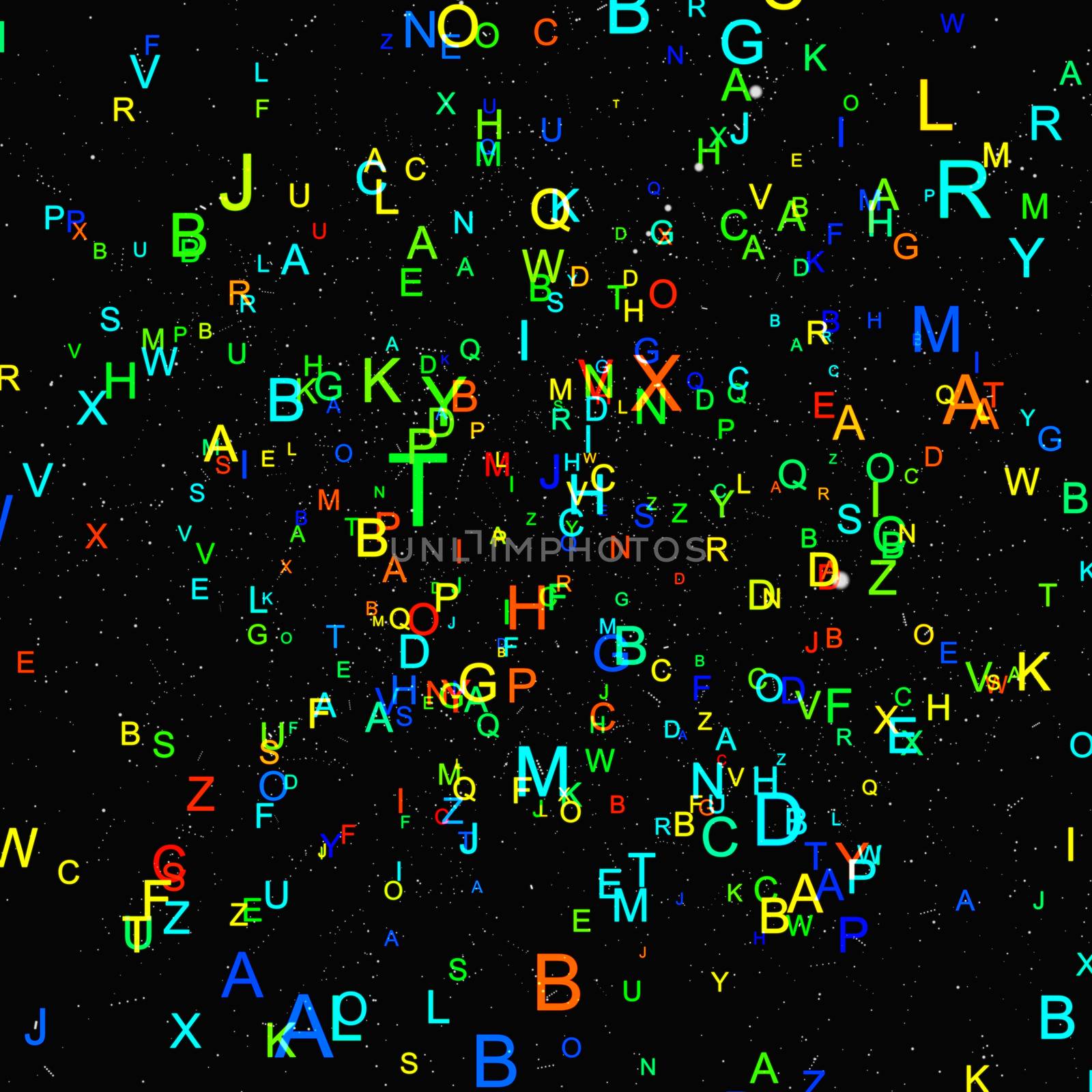 Abstract colorful alphabet fly on black background. Education concept