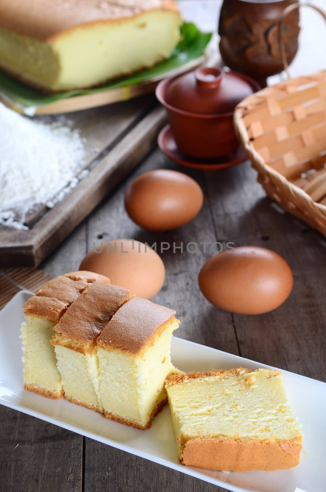 Taiwanese  traditional sponge cake on white plate and wooden board